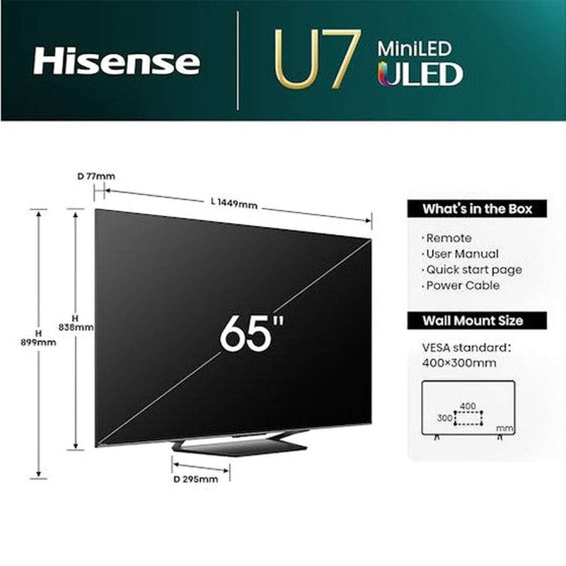 Hisense U7N 65" 4K UHD Mini-LED Smart TV | 65U71NQ Hisense TV Euronics Ireland