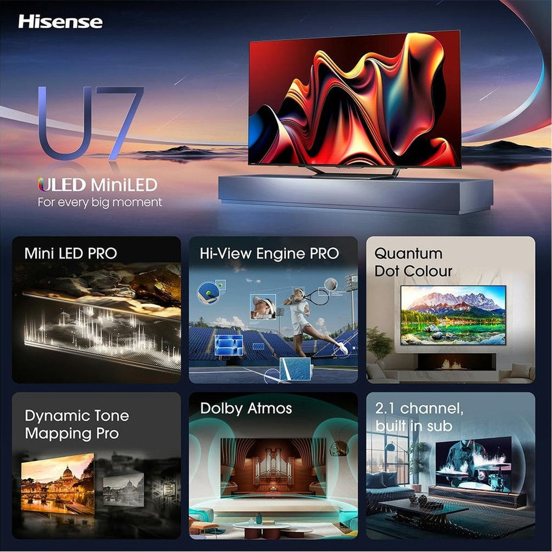 Hisense U7N 65" 4K UHD Mini-LED Smart TV | 65U71NQ Hisense TV Euronics Ireland