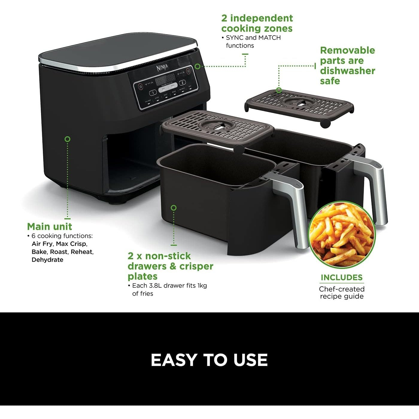 Ninja Foodi Dual Zone Air Fryer 7.6 L | AF300UK Ninja Air Fryer Euronics Ireland