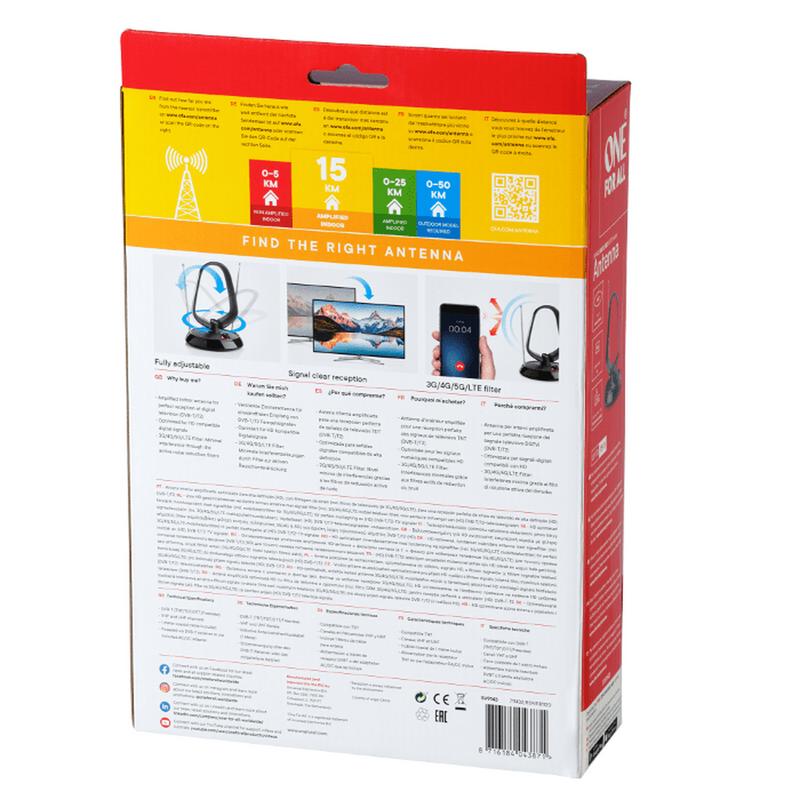 One For All Digital Antenna, Indoor, Amplified Up To 42dB Gain, Range to 15km One4All Antenna Euronics Ireland